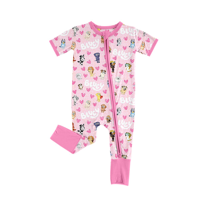 Baby Infant Girls Valentines Dogs Pink Short Sleeve Zip Rompers preorder