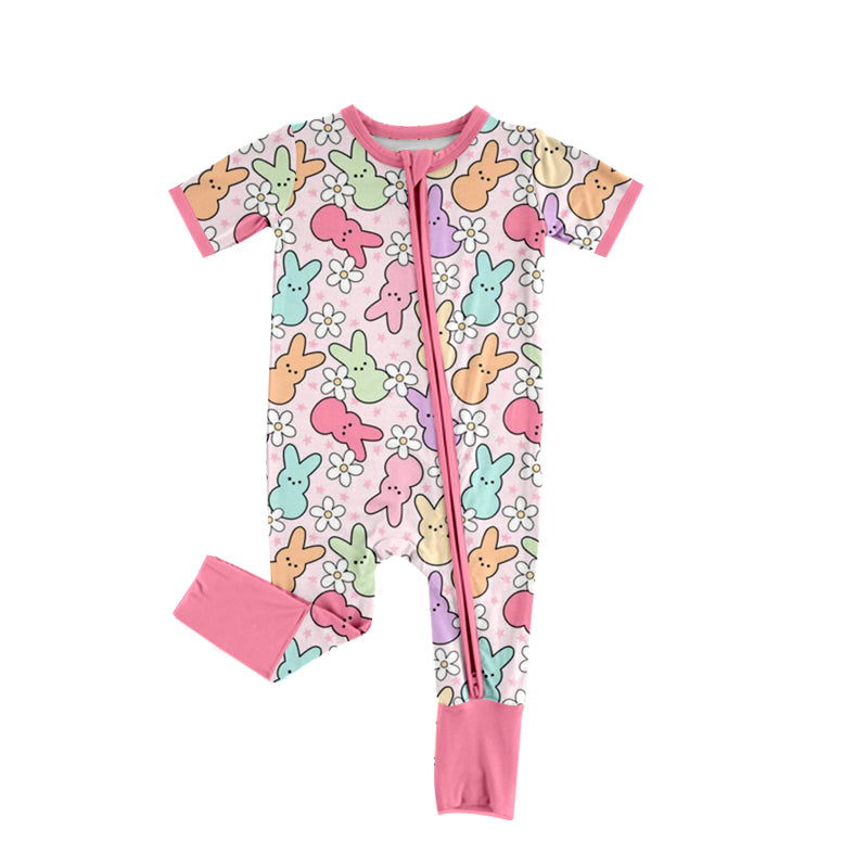 Baby Infant Girls Easter Rabbits Flowers Pink Zip Rompers preorder