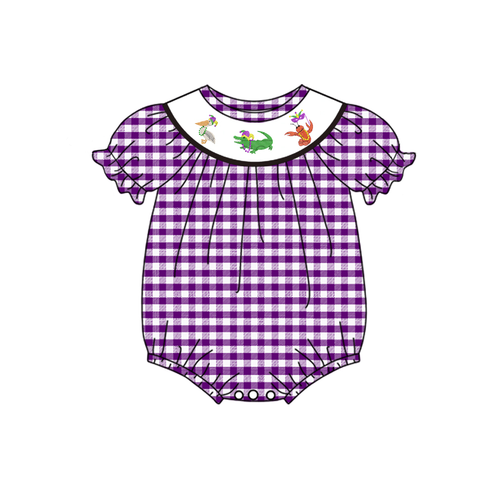 Baby Infant Girls Mardi Gras Purple Checkered Smocked Rompers preorder