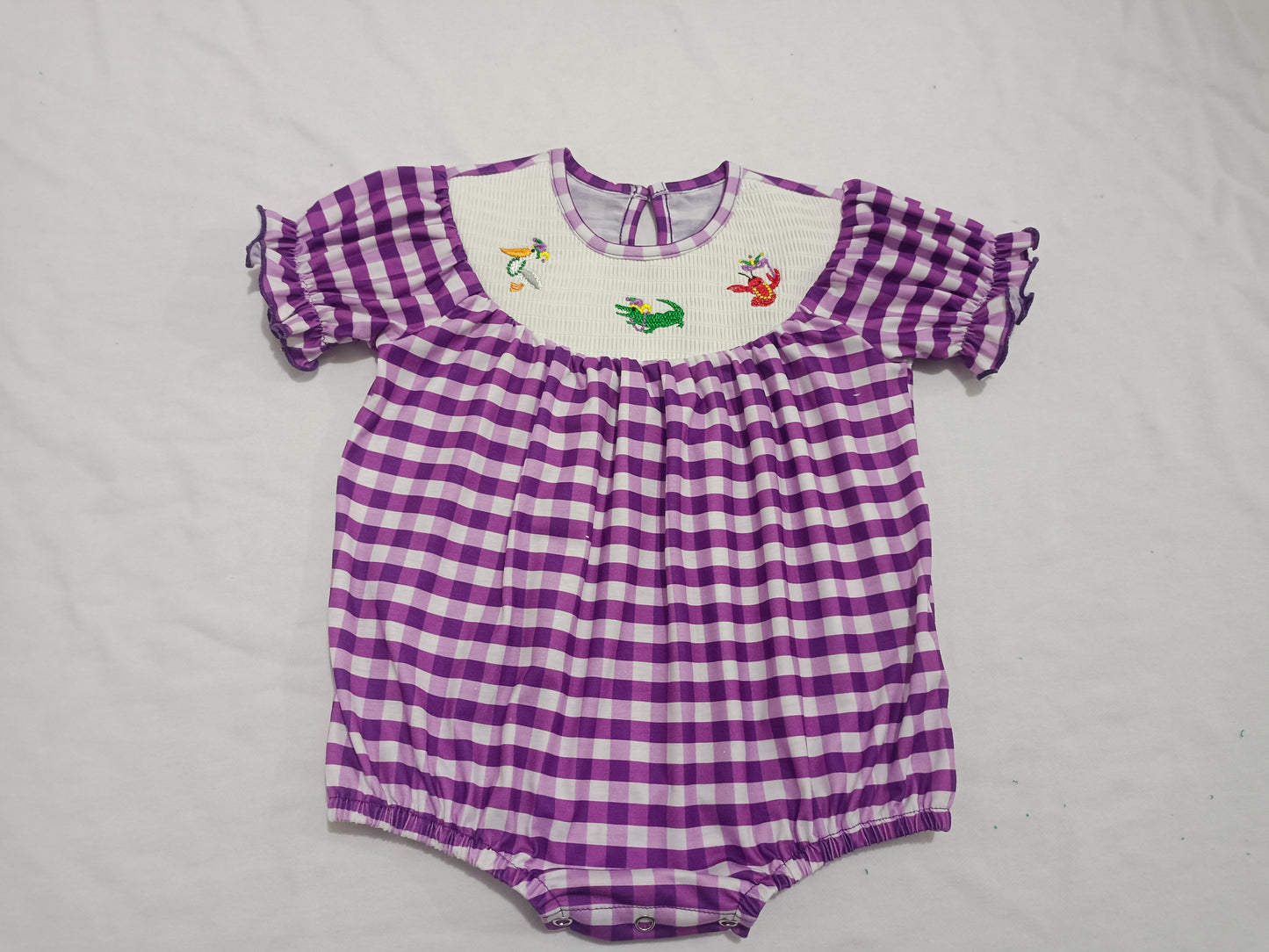 Baby Infant Girls Mardi Gras Purple Checkered Smocked Rompers preorder