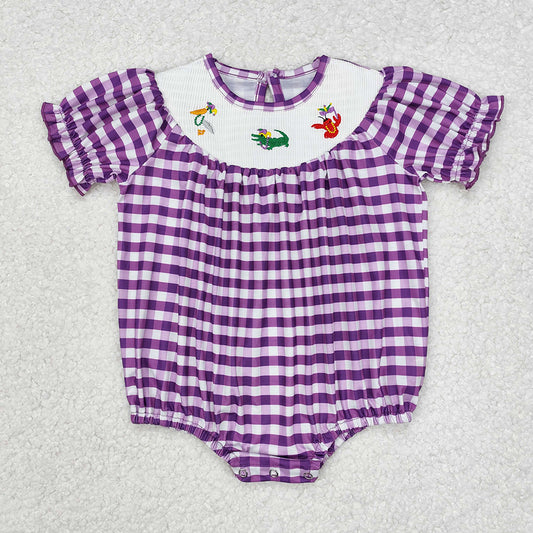 Baby Infant Girls Mardi Gras Purple Checkered Smocked Rompers