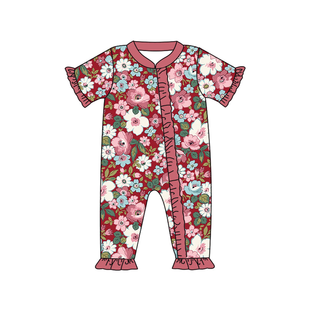 Baby Infant Girls Wine Spring Flowers Zip Rompers preorder