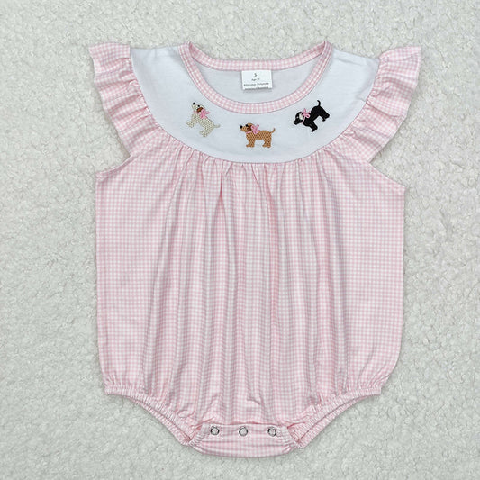 Baby Infant Girls Pink Dogs Bow Flutter Sleeve Rompers