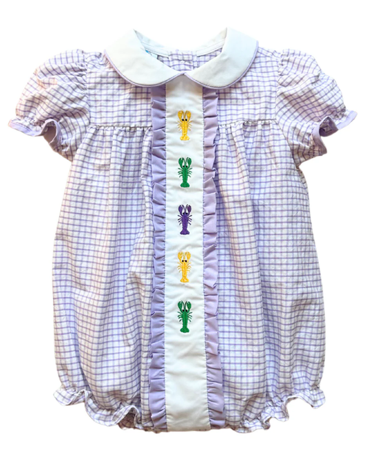 Baby Infant Girls Mardi Gras Lavender Checkered Crawfish Rompers preorder