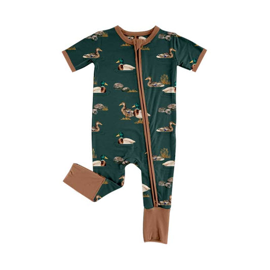 Baby Infant Boys Mallard Ducks Brown Zip Rompers preorder