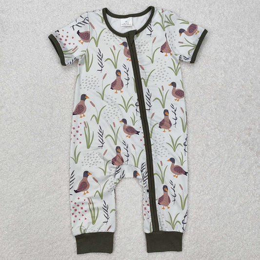 Baby Infant Boys Mallard Ducks Green Zip Rompers