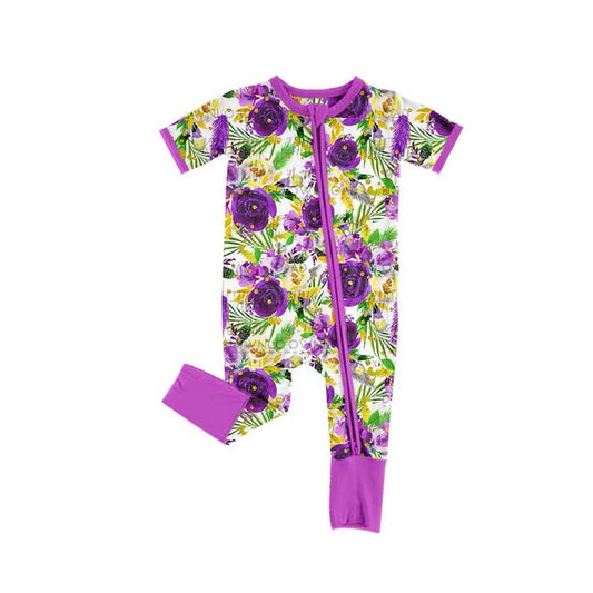 Baby Infant Girls Mardi Gras Flowers Purple Zip Rompers preorder