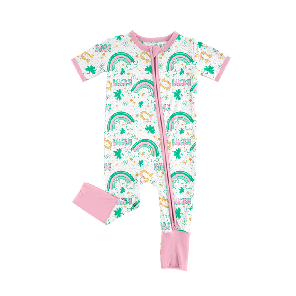 Baby Infant Girls St Patrick Lucky Rainbow Zip Rompers preorder