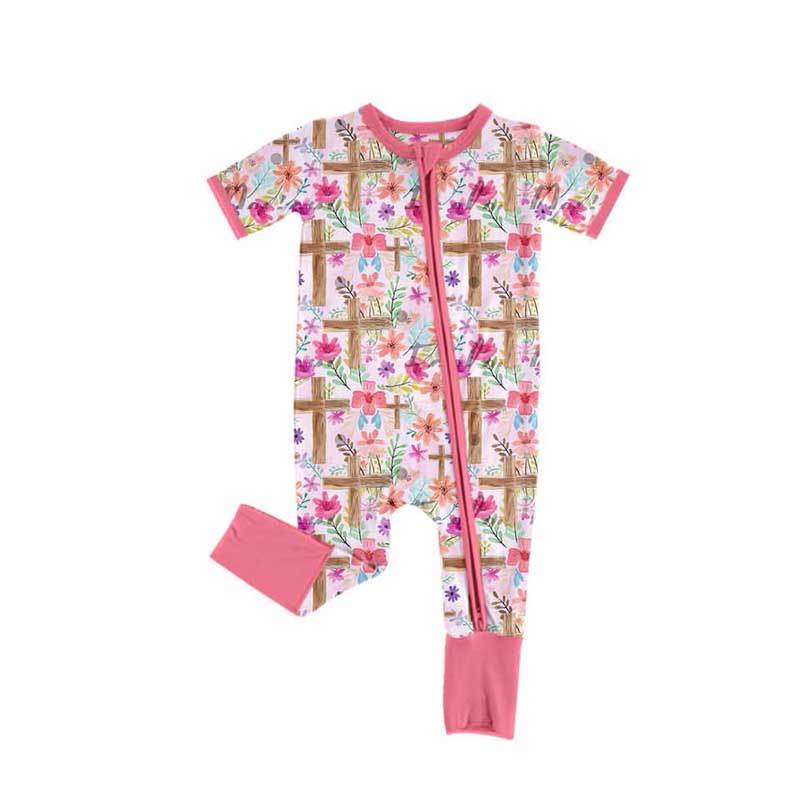 Baby Infant Girls Easter Cross Flowers Zip Rompers preorder