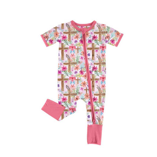 Baby Infant Girls Easter Cross Flowers Zip Rompers preorder