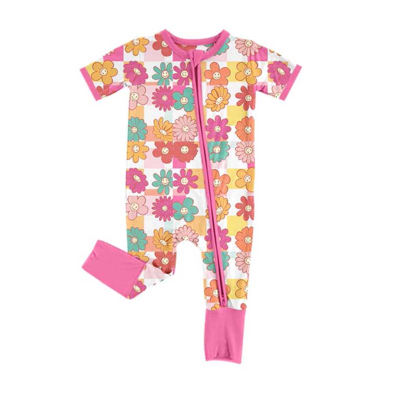 Baby Infant Girls Colorful Flowers Checkered Zip Rompers preorder