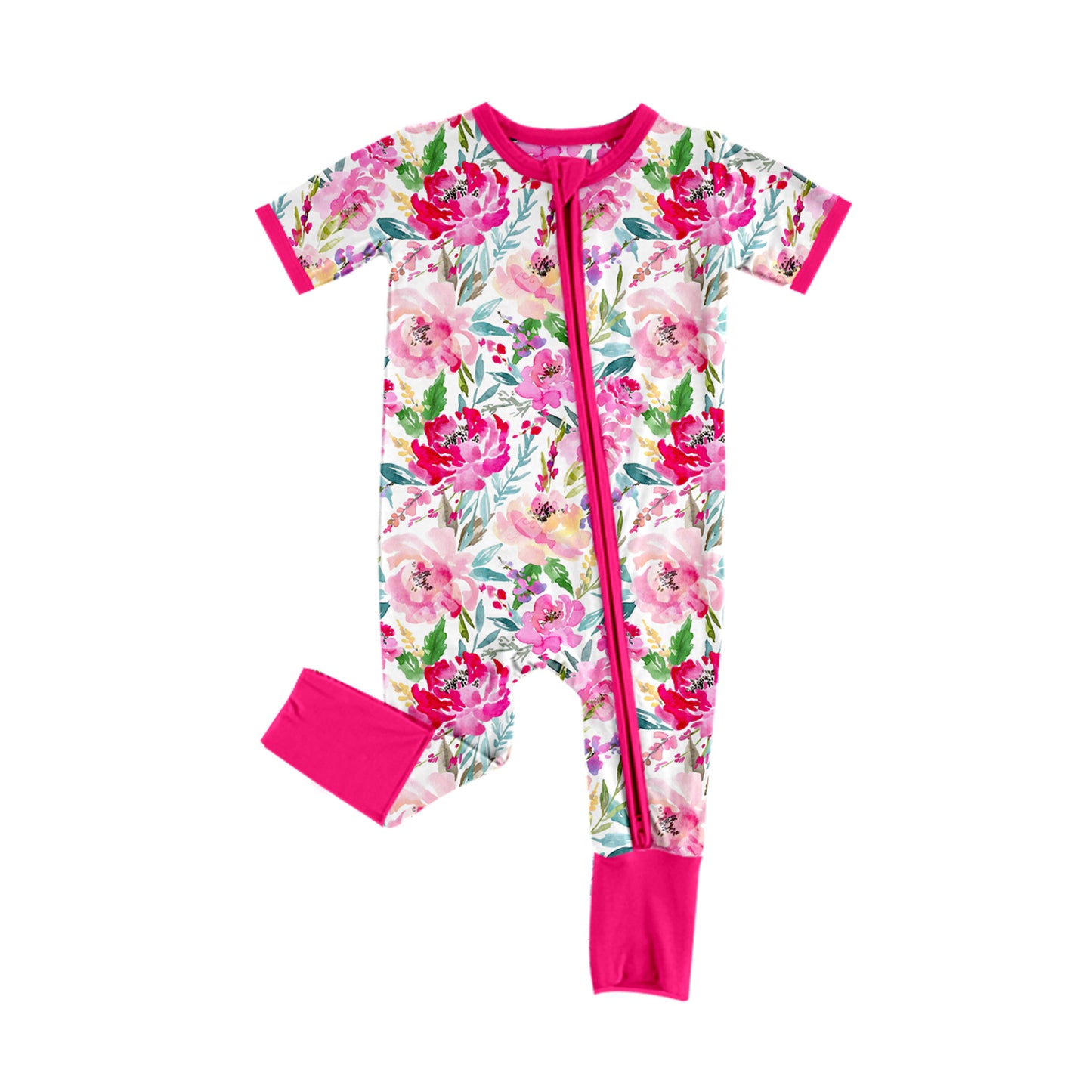 Baby Infant Girls Pink Flowers Leaves Zip Rompers preorder