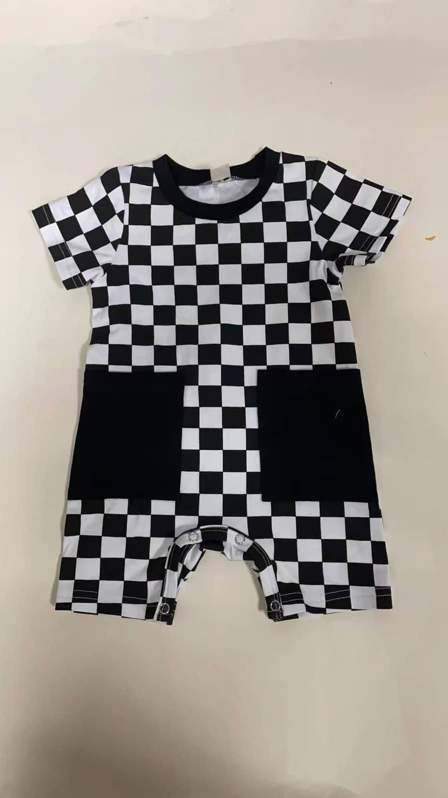 Baby Infant Boys Black Checkered Pockets Rompers preorder