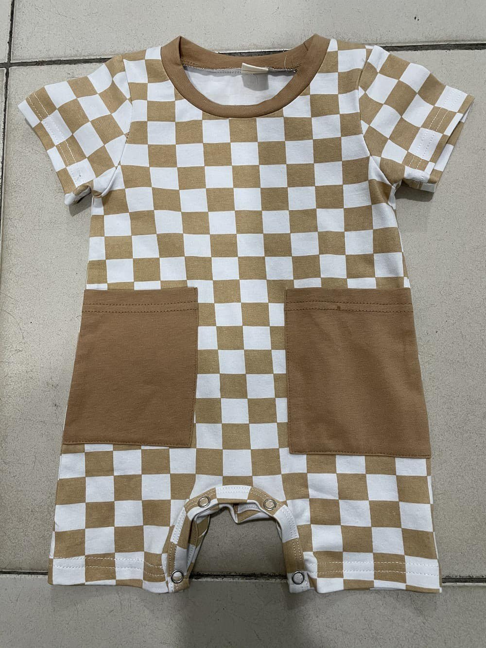 Baby Infant Boys Khaki Checkered Pockets Rompers preorder