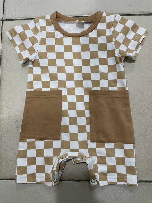 Baby Infant Boys Khaki Checkered Pockets Rompers preorder