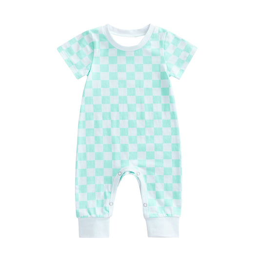 Baby Infant Boys Aqua Checkered Short Sleeve Rompers preorder