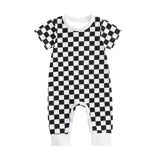 Baby Infant Boys Black Checkered Short Sleeve Rompers preorder