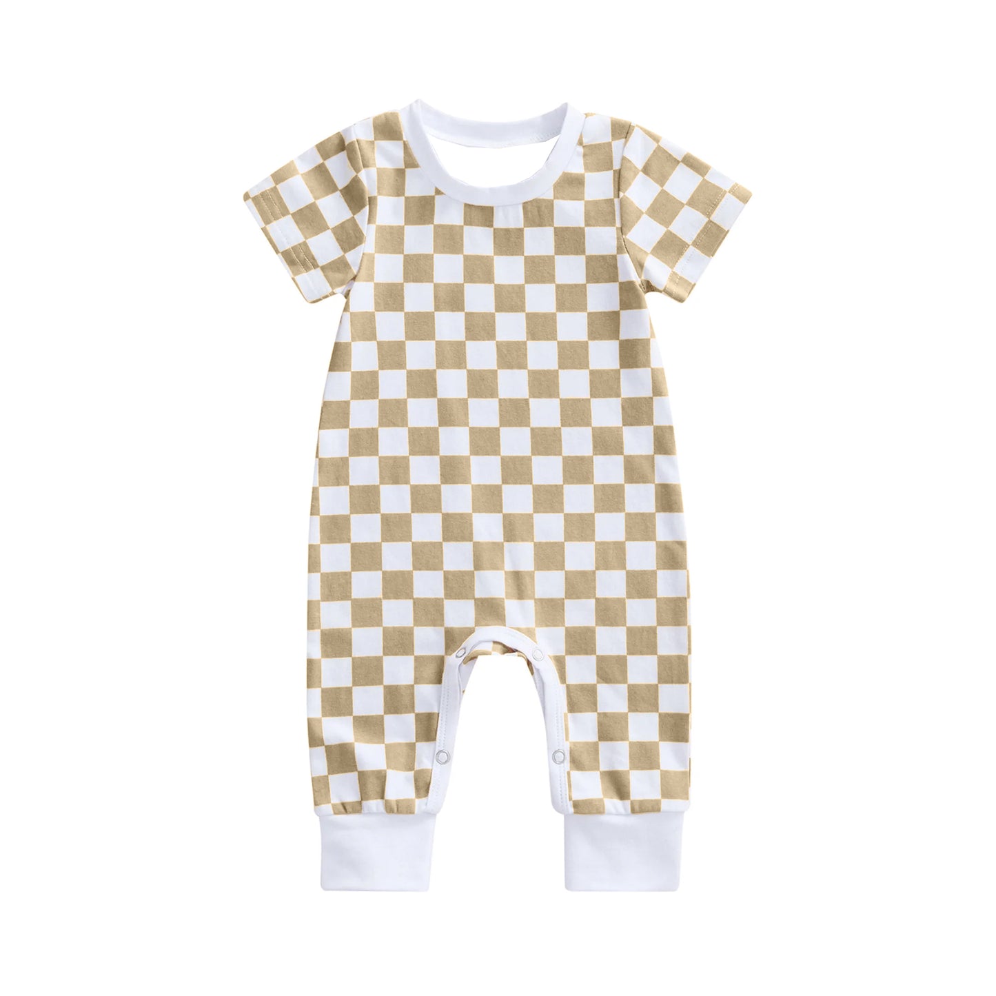 Baby Infant Boys Khaki Checkered Short Sleeve Rompers preorder