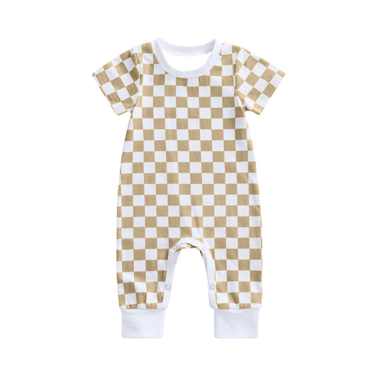 Baby Infant Boys Khaki Checkered Short Sleeve Rompers preorder