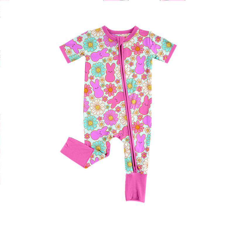 Baby Infant Girls Easter Rabbits Flowers Pink Zip Rompers preorder