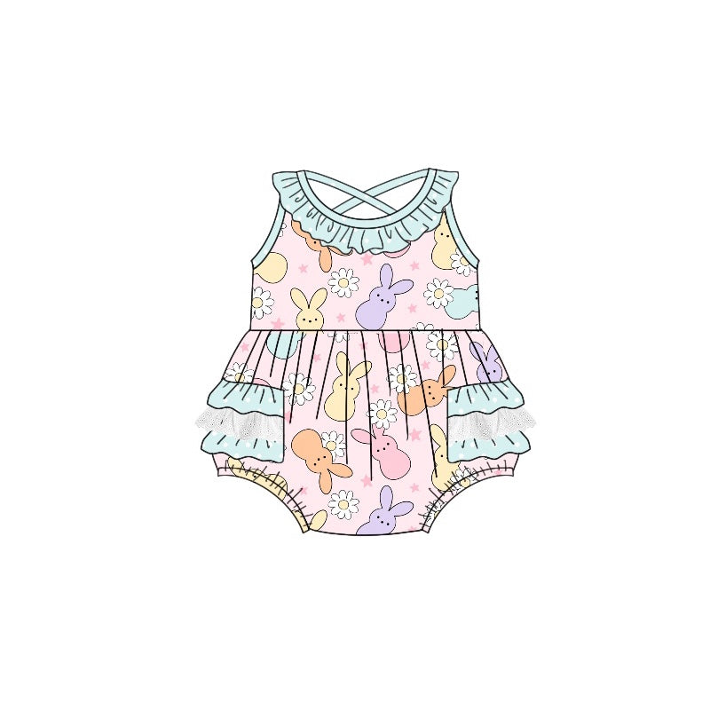 Baby Infant Girls Easter Pink Rabbits Ruffles Rompers preorder