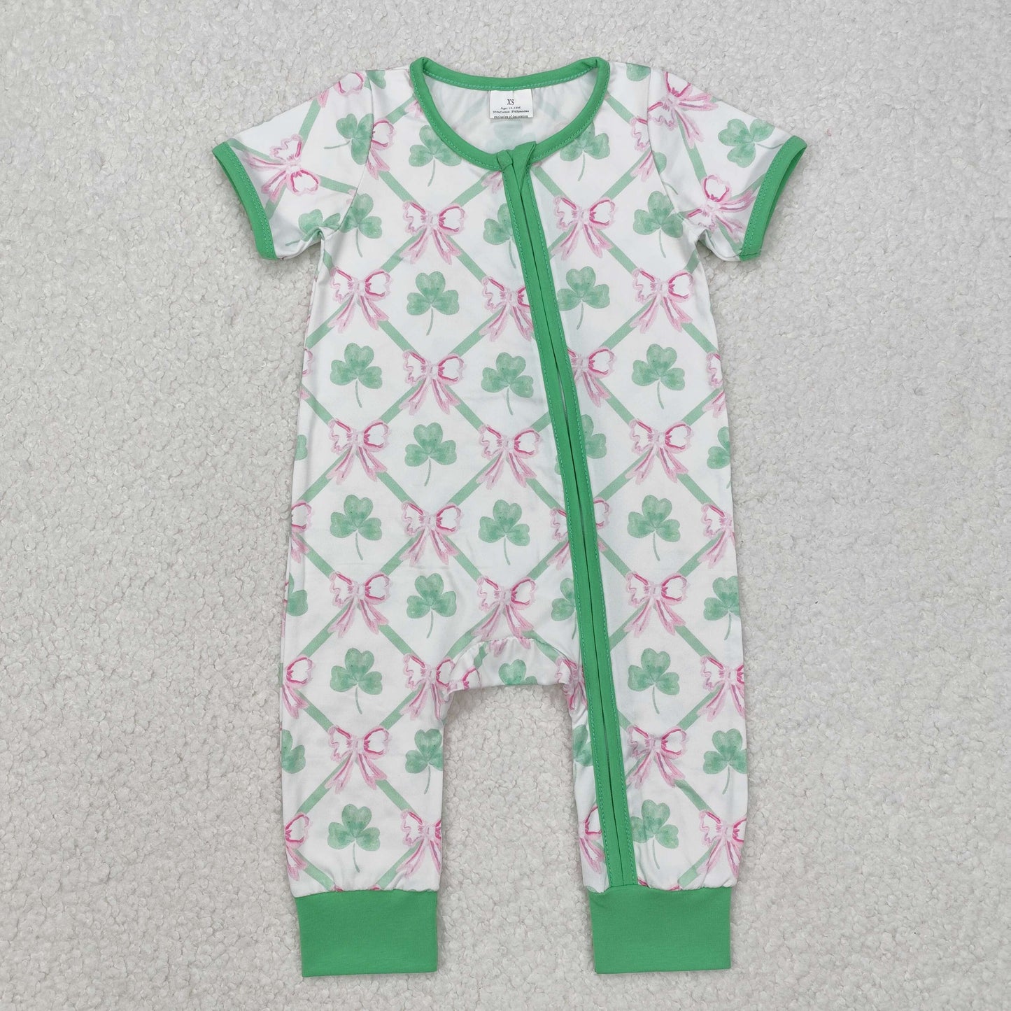Sibling Baby Girls Clovers Bows Checked Pants Pajamas Clothes Sets Zipper Romper