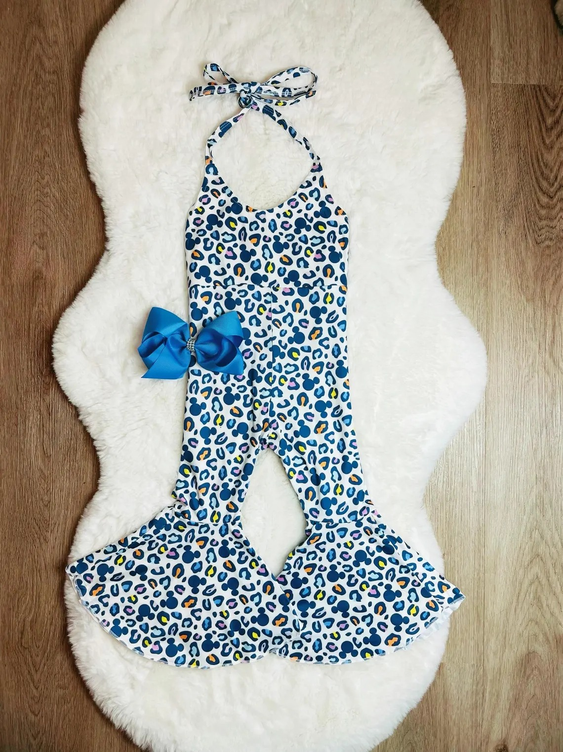 Baby Girls Blue Leopard Halter Cartoon Bell Jumpsuits Preorder