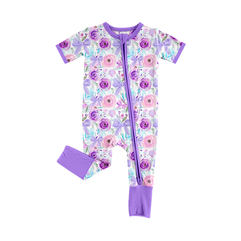 Baby Infant Girls Purple Flowers Bows Zip Rompers preorder