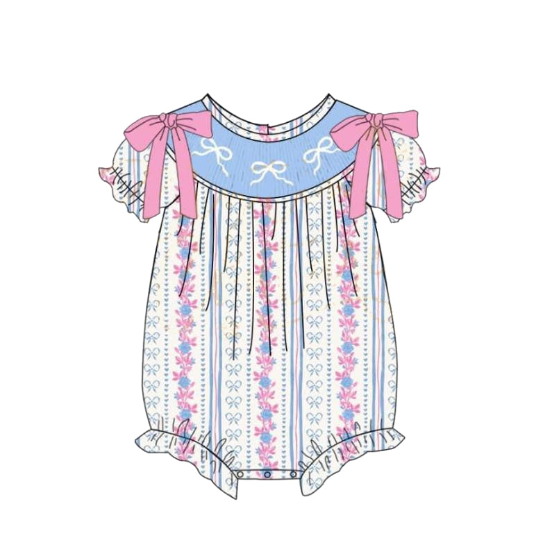 Baby Infant Girls Blue Pink Bows Short Sleeve Rompers preorder