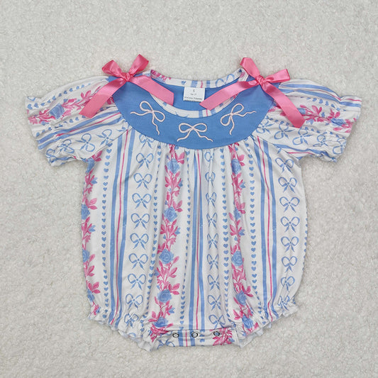 Baby Infant Girls Blue Pink Bows Short Sleeve Rompers