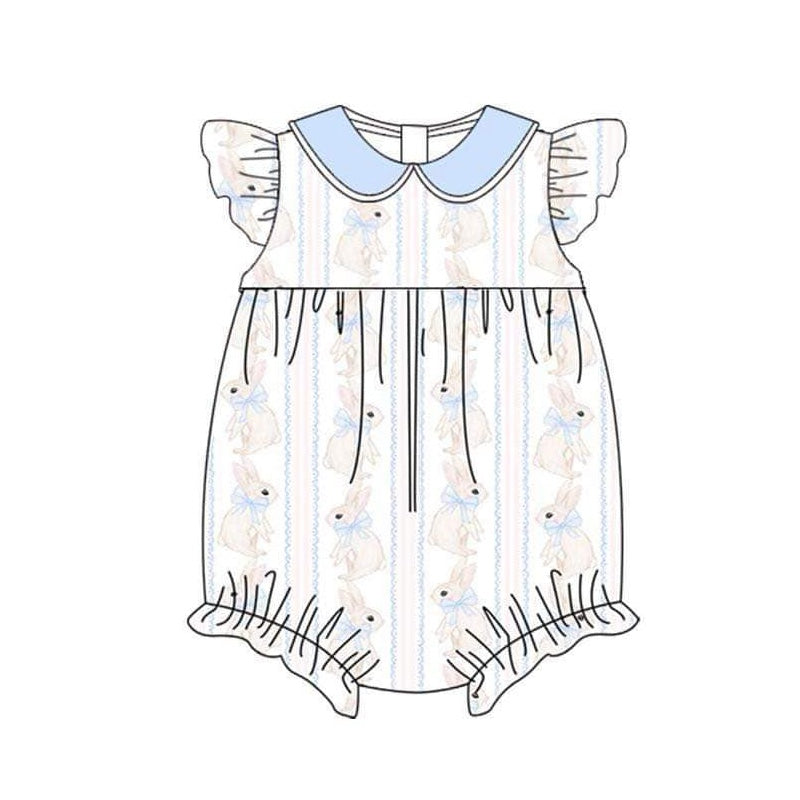 Baby Infant Girls Easter Blue Rabbits Flutter Sleeve Rompers preorder