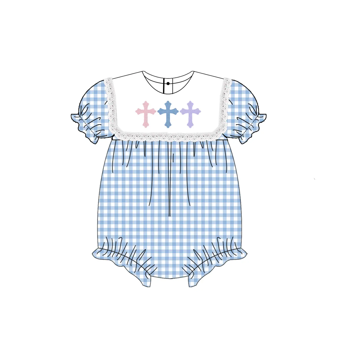 Baby Infant Girls Easter Blue Checkered Cross Rompers preorder