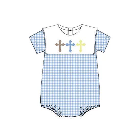 Baby Infant Boys Easter Blue Checkered Cross Rompers preorder