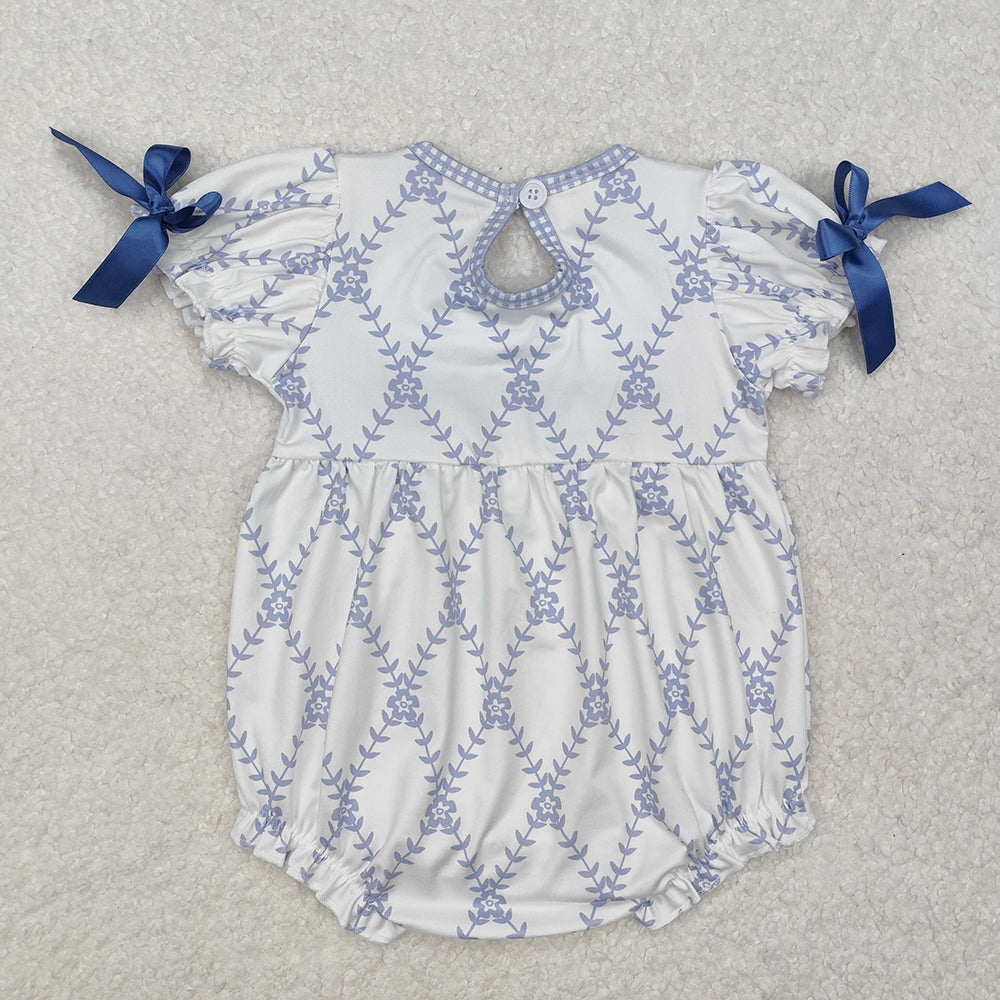 Baby Infant Girls Blue Flowers Bows Rompers
