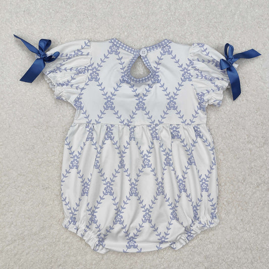 Baby Infant Girls Blue Flowers Bows Rompers