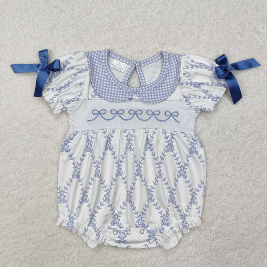Baby Infant Girls Blue Flowers Bows Rompers