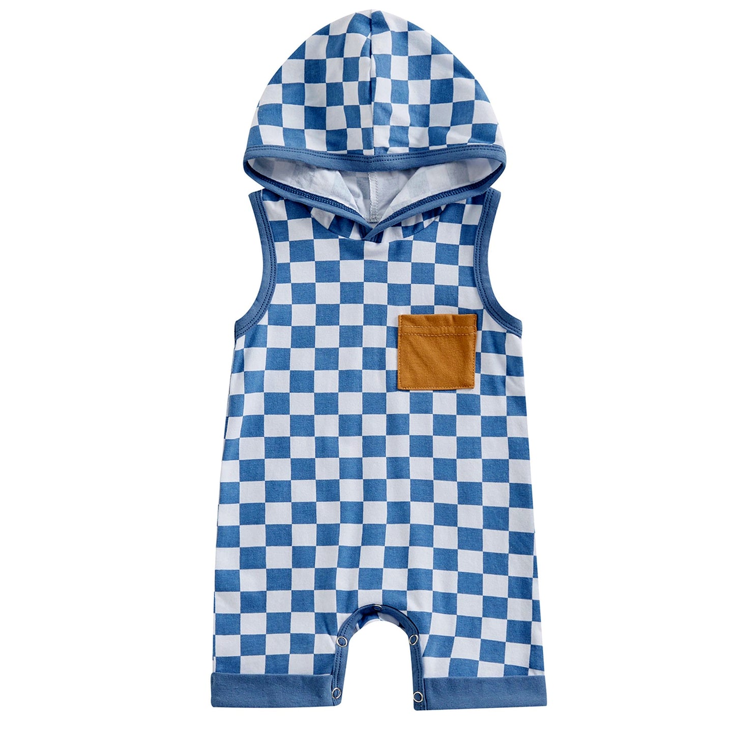 Baby Infant Boys Kids Blue Checkered Pocket Hooded Rompers preorder