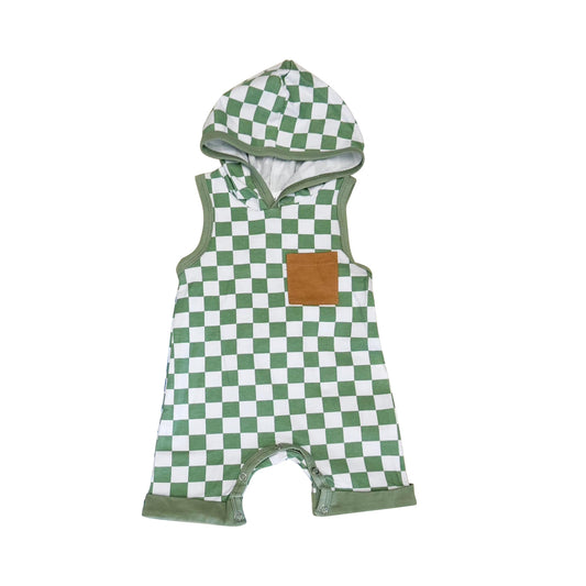 Baby Infant Boys Kids Green Checkered Pocket Hooded Rompers preorder