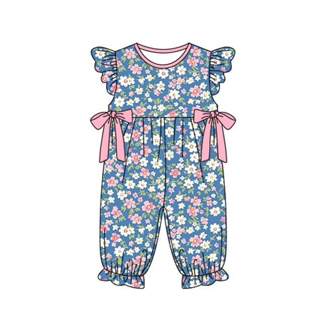 Baby Infant Girls Navy Pink Flowers Bows Flutter Sleeve Rompers preorder