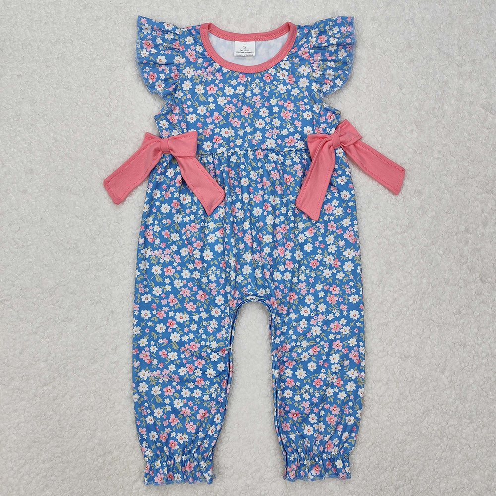 Baby Infant Girls Navy Pink Flowers Bows Flutter Sleeve Rompers