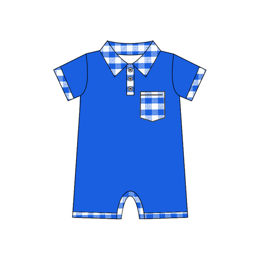 Baby Infant Boys Blue Checkered Pocket Rompers preorder