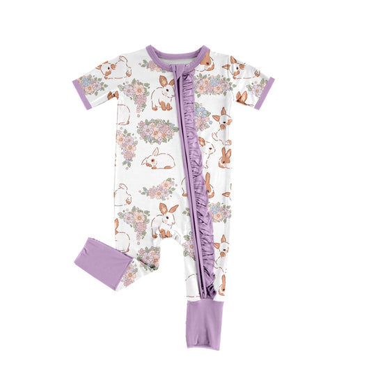 Baby Infant Girls Easter Purple Rabbits Flowers Short Sleeve Zip Rompers preorder