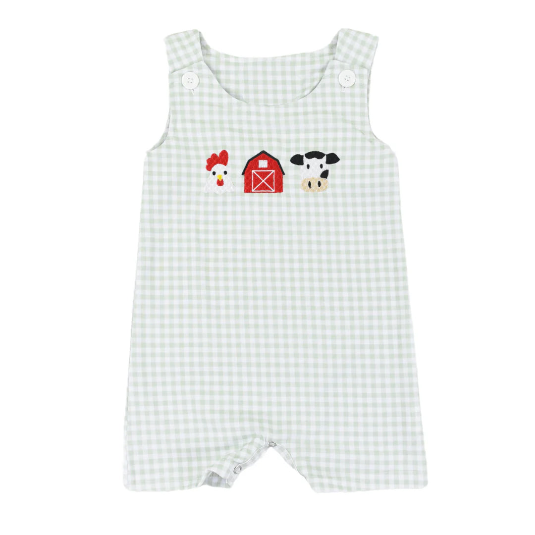 Baby Infant Boys Green Checkered Farm Chicken Cow Rompers preorder