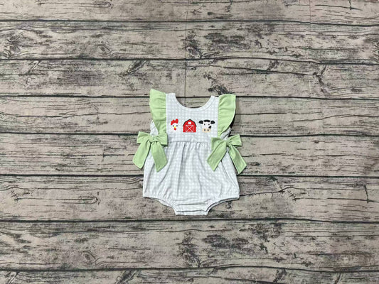 Baby Infant Girls Green Checkered Farm Chicken Cow Bows Rompers preorder