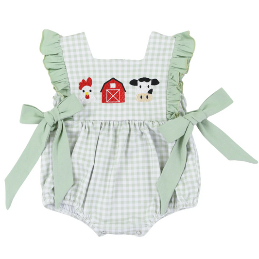 Baby Infant Girls Green Checkered Farm Chicken Cow Bows Rompers preorder