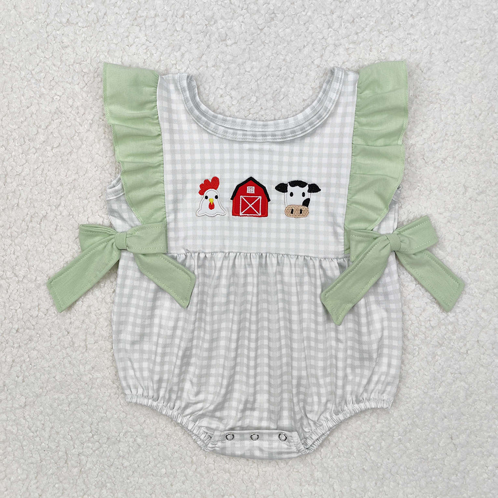 Baby Infant Girls Green Checkered Farm Chicken Cow Bows Rompers