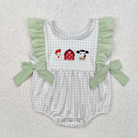 Baby Infant Girls Green Checkered Farm Chicken Cow Bows Rompers