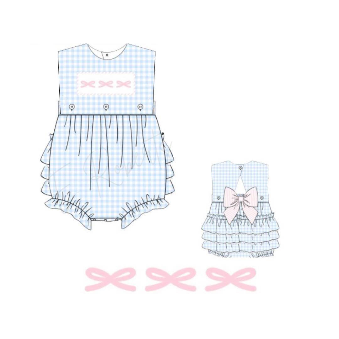 Baby Infant Girls Blue Checkered Bows Sleeveless Rompers preorder