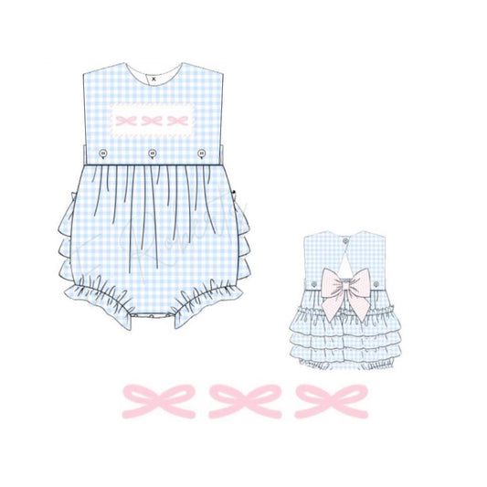 Baby Infant Girls Blue Checkered Bows Sleeveless Rompers preorder