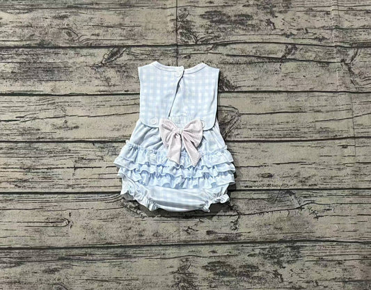 Baby Infant Girls Blue Checkered Bows Sleeveless Rompers preorder